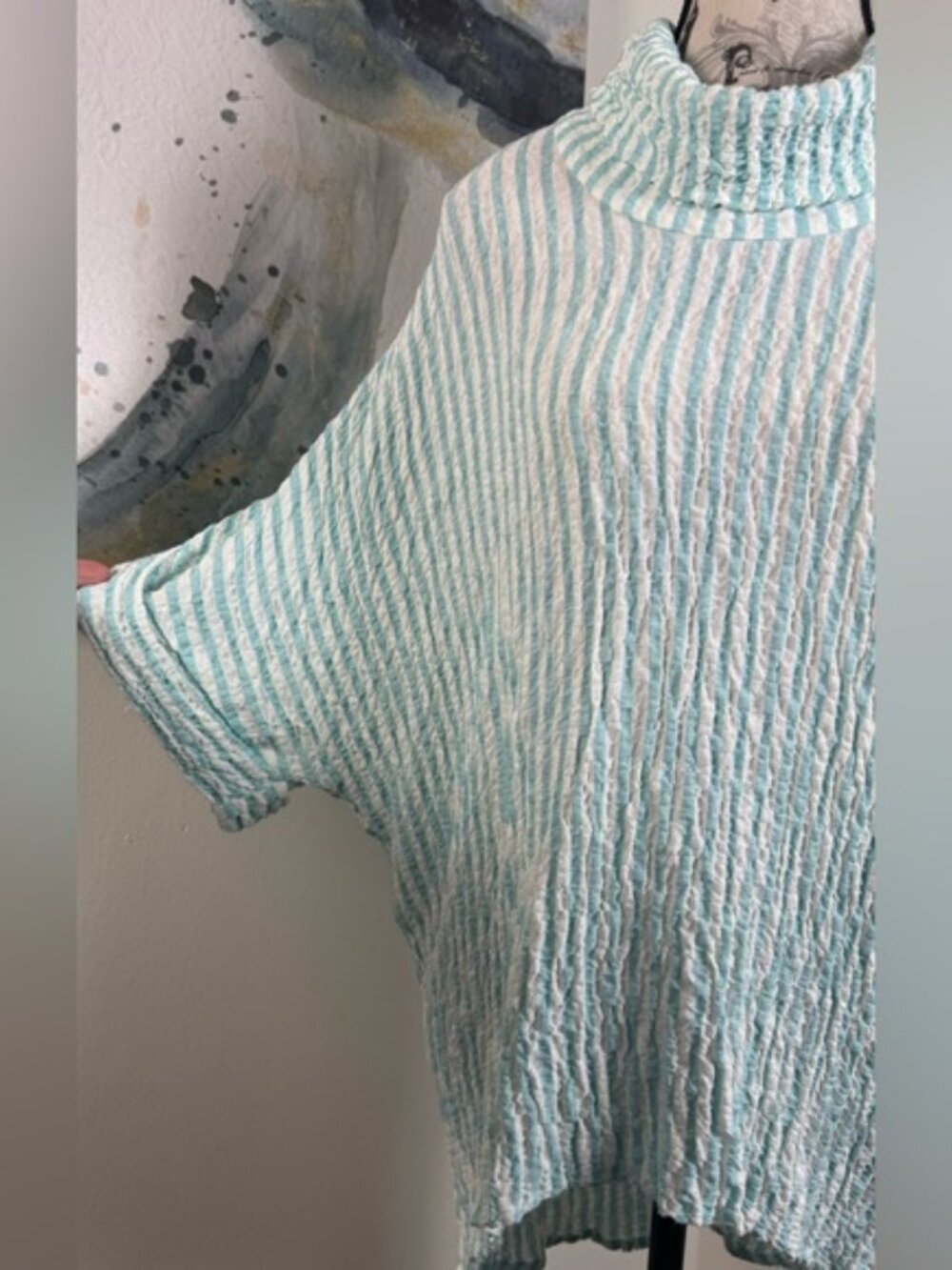 BOHO CHIC Aqua Stripe Cotton Oversized Turtleneck Tunic Top S - Picture 8 of 10